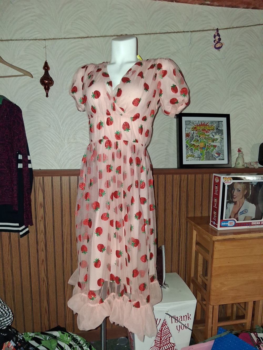 Pink Strawberry-Print Puff Sleeve Maxi Dress